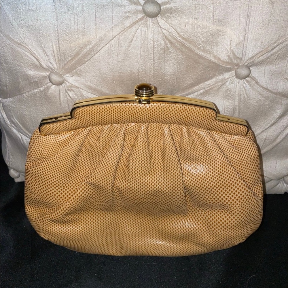 Judith Lieber camel color reptile skin clutch - Picture 5 of 6